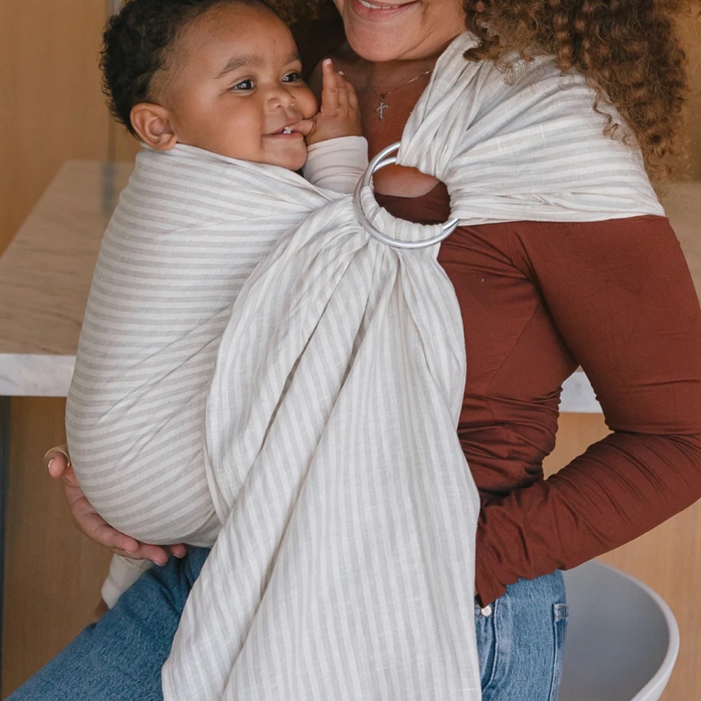 WildBird Linen Pinstripe Baby Gold Ring Sling